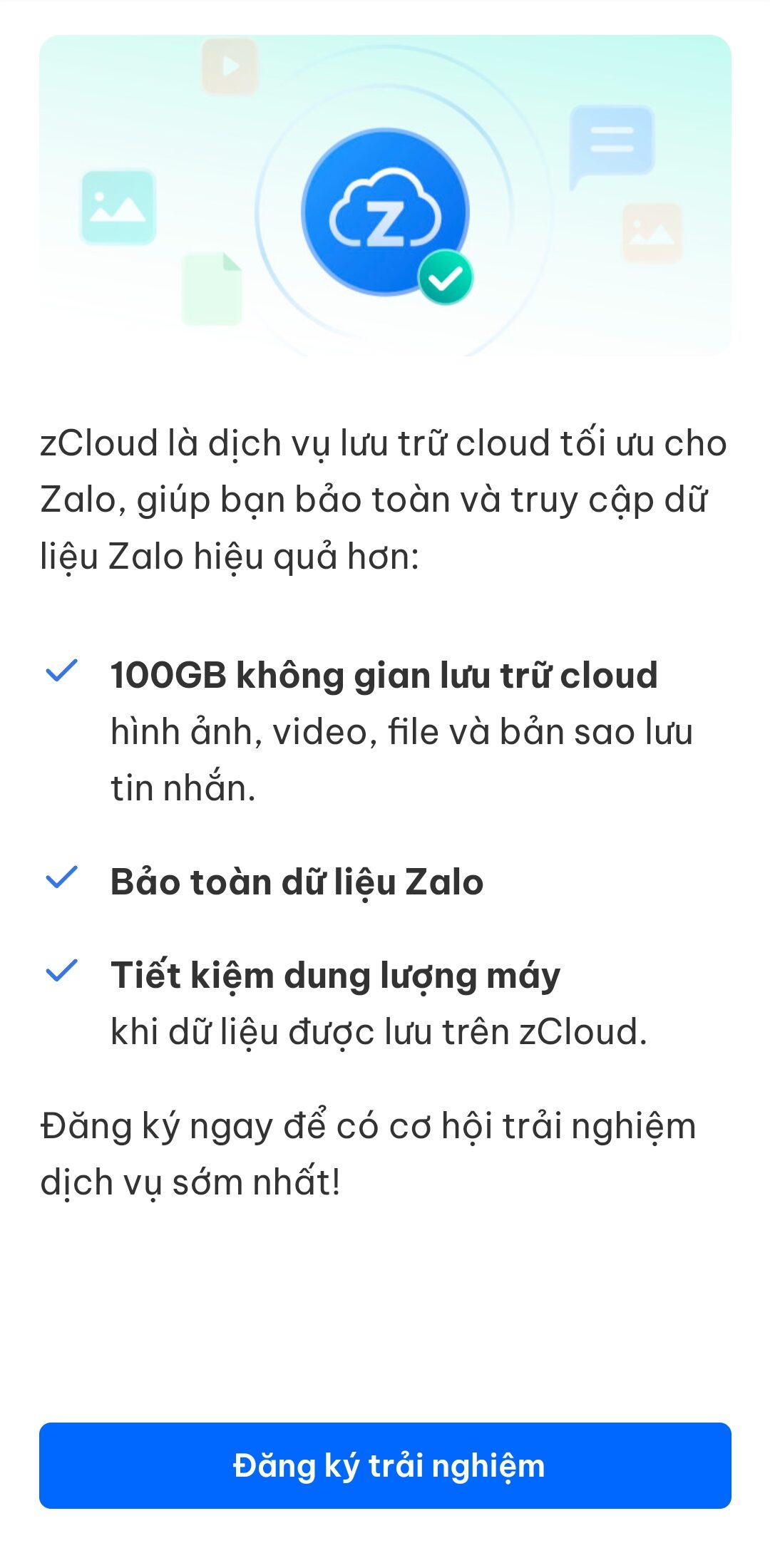 Trải nghiệm 100GB lưu trữ cloud trên Zalo